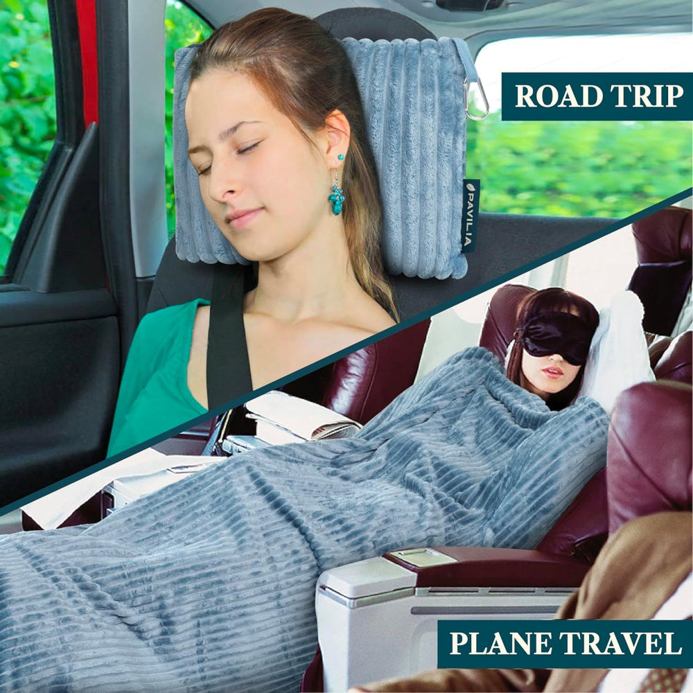 Travel Blanket Pillow, Soft Ribbed Fleece Airplane Blanket, Blue