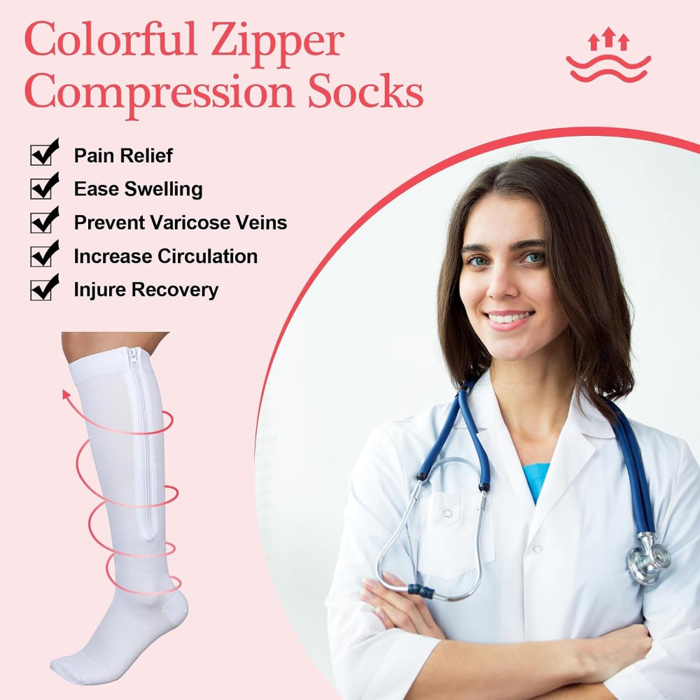 4 Pairs Women Zipper Compression Sock Colorful 20-30Mmhg Compression Stockings with Zipper for Women Swelling Edema