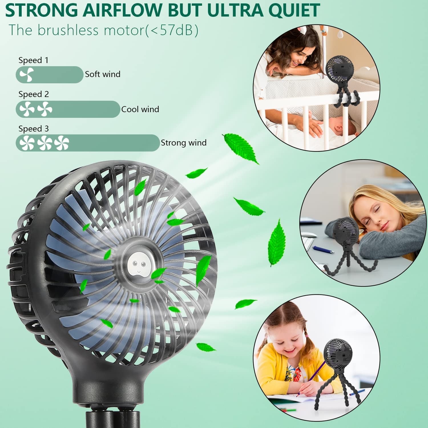 Mini Handheld Personal Portable Fan, Baby Stroller Fan, Car Seat Fan, USB or Battery Powered, with Flexible Tripod Clip on Student Bed Desk Bike Crib Treadmill Camping Traveling(Black)