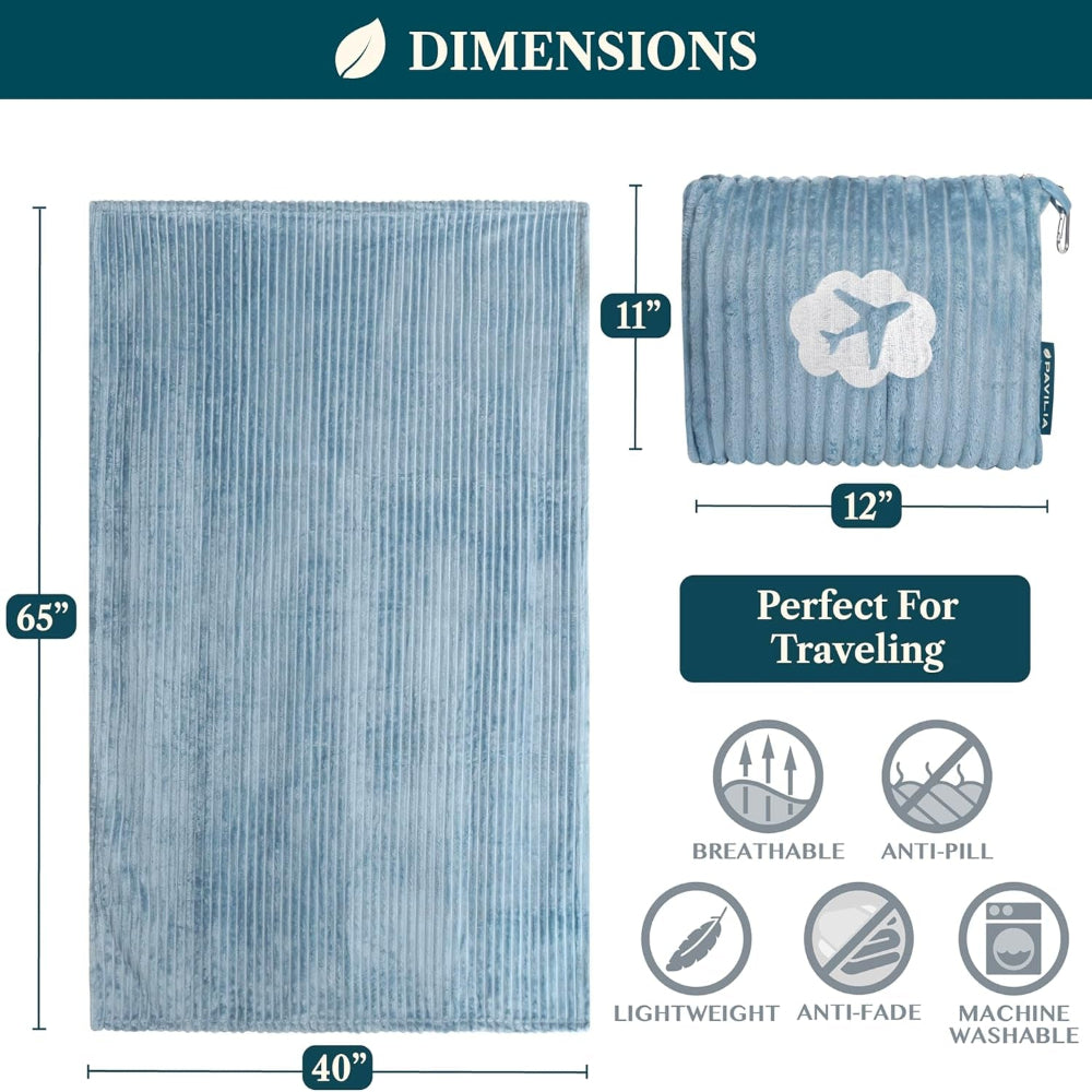 Travel Blanket Pillow, Soft Ribbed Fleece Airplane Blanket, Blue