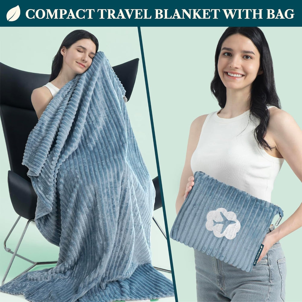 Travel Blanket Pillow, Soft Ribbed Fleece Airplane Blanket, Blue