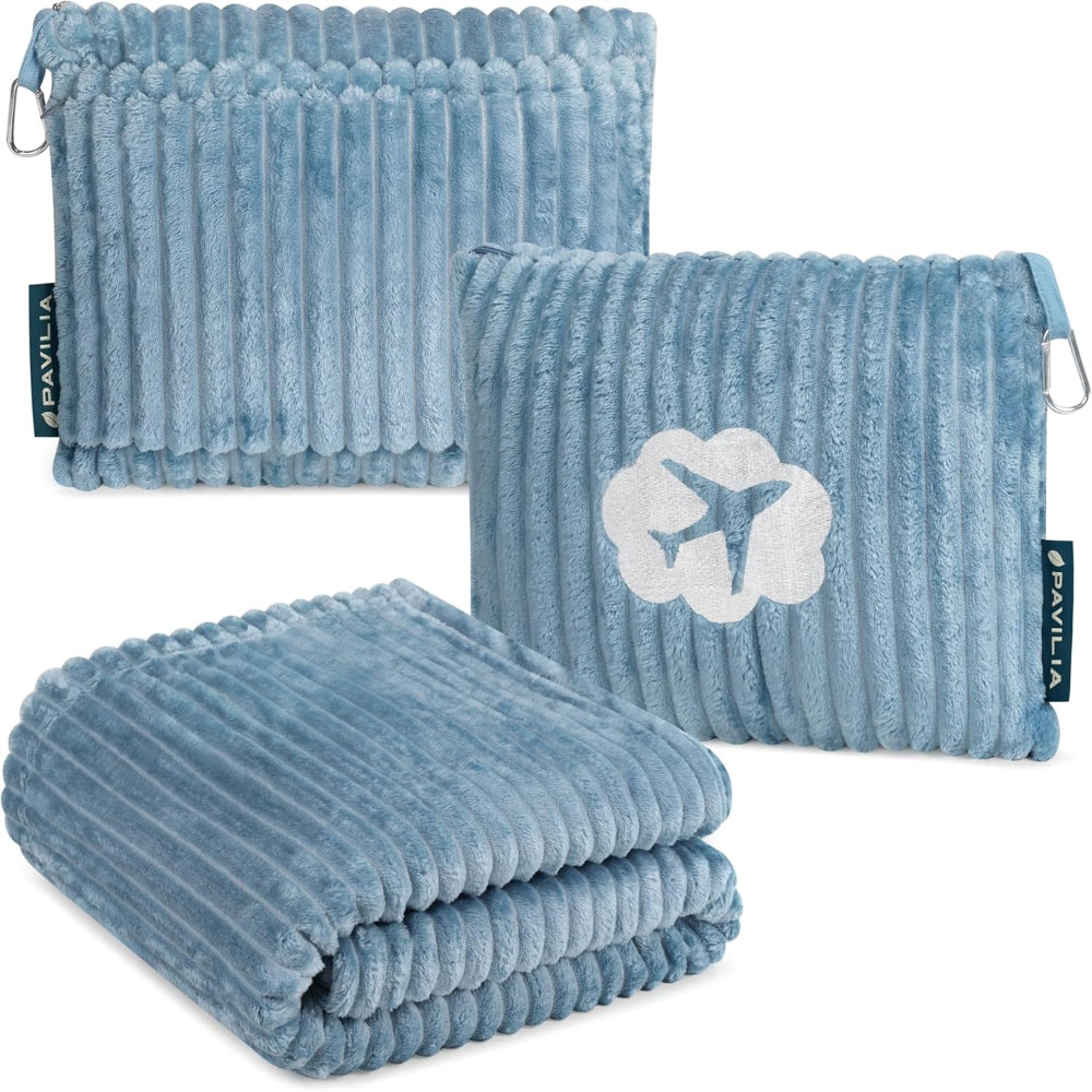 Travel Blanket Pillow, Soft Ribbed Fleece Airplane Blanket, Blue