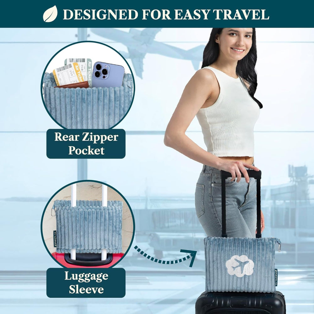 Travel Blanket Pillow, Soft Ribbed Fleece Airplane Blanket, Blue