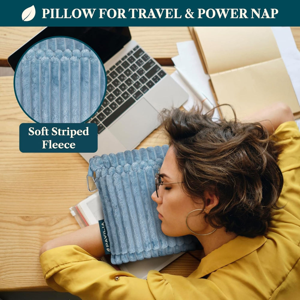 Travel Blanket Pillow, Soft Ribbed Fleece Airplane Blanket, Blue