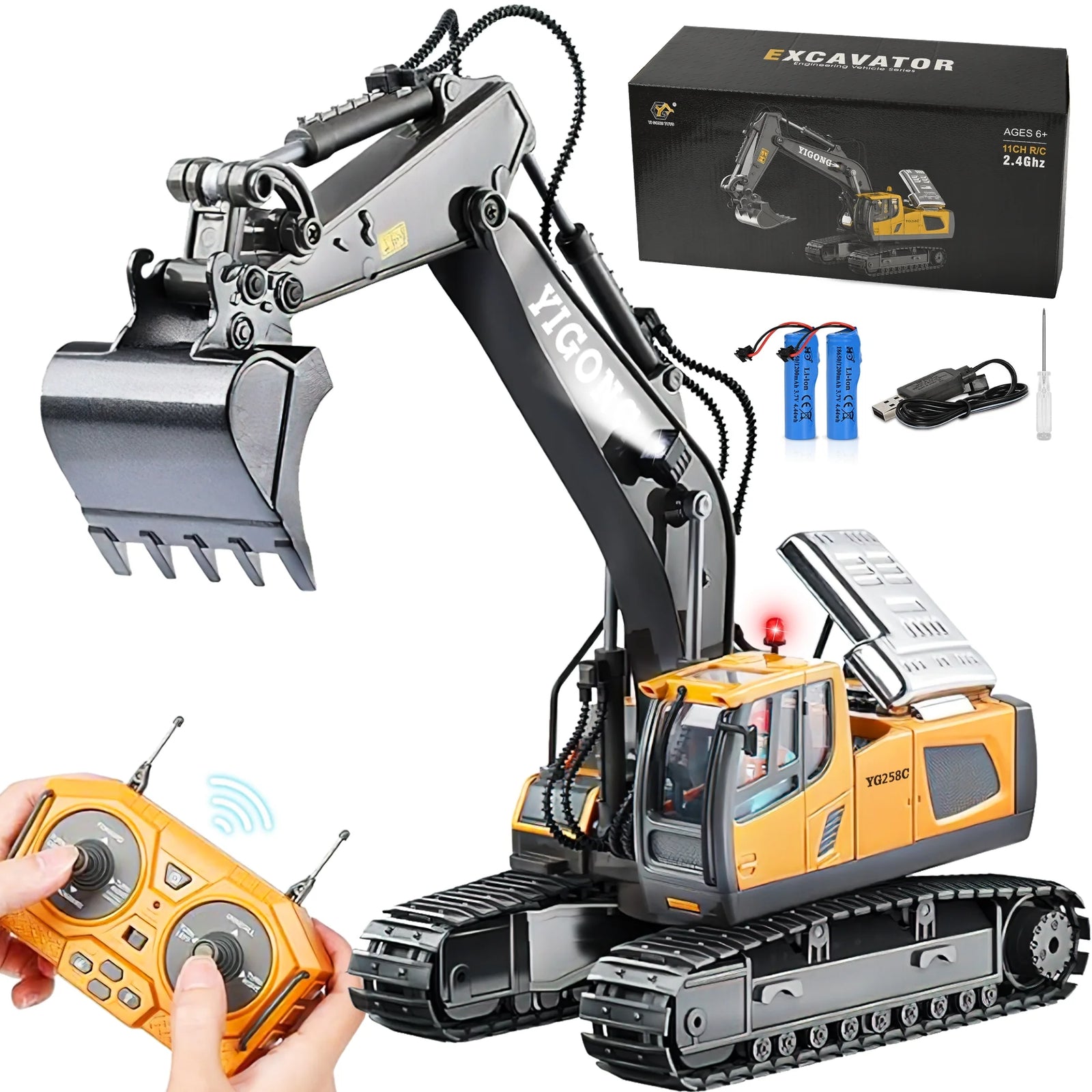 Remote Control Excavator,11 Channel RC Excavator Toys, Rechargeable Construction Vehicle Toys with Lights Sounds,Gifts for Kids 3-12 Years Old