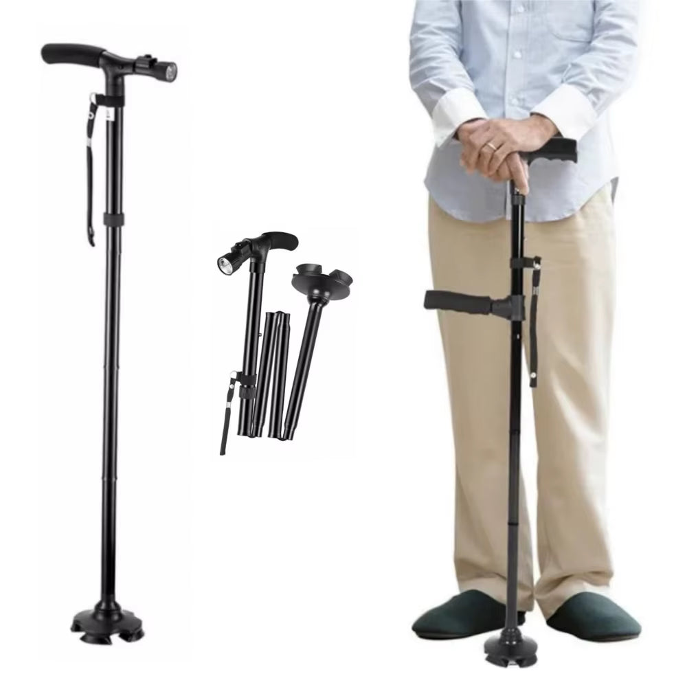 Folding Walking Stick with LED Light Adjustable Lightweight Anti-Slip Adult Walking Cane Old Men Crutch for the Elderly