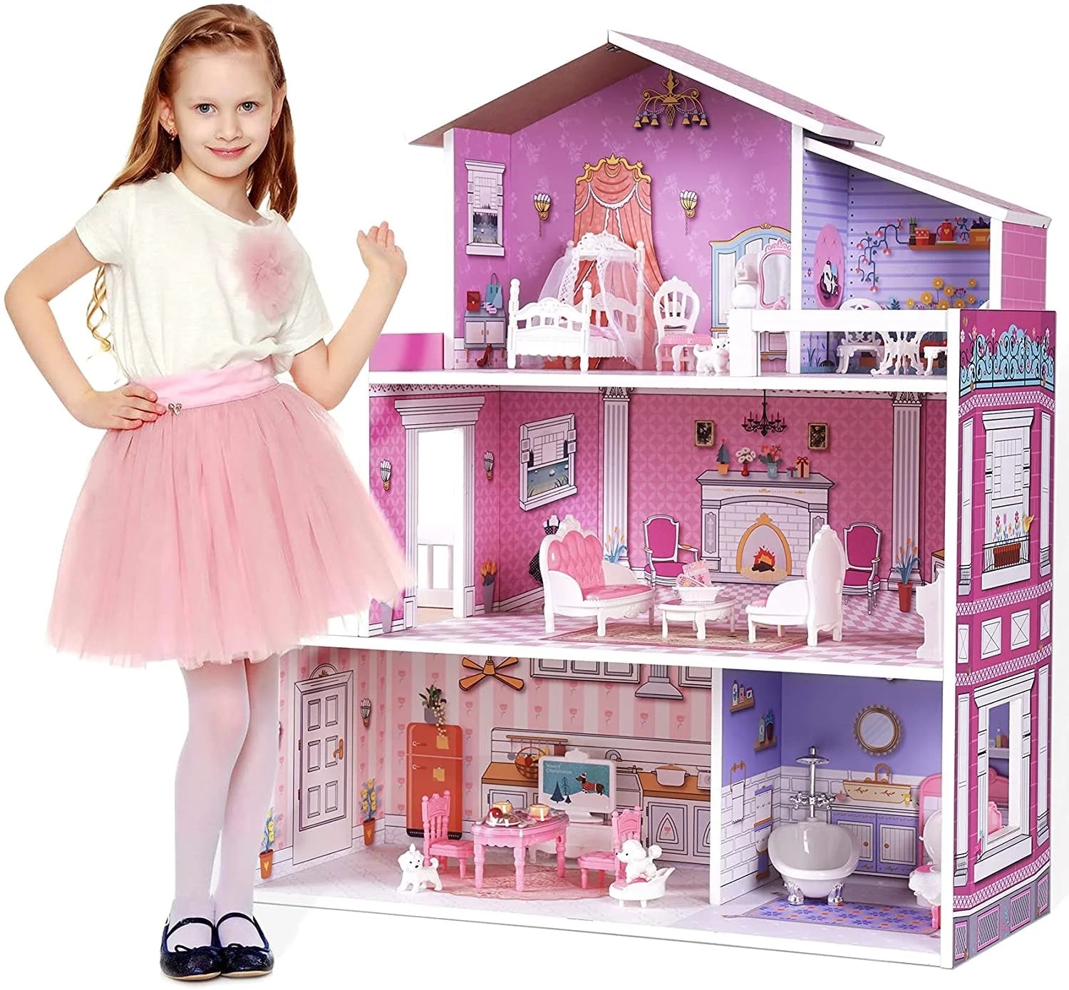 Victoria Wooden Dollhouse for Kids Furniture Preschool Dollhouse House Toy for Toddlers Girls