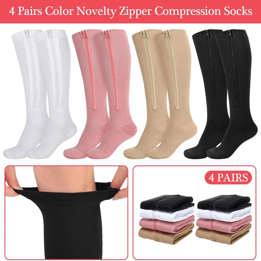 4 Pairs Women Zipper Compression Sock Colorful 20-30Mmhg Compression Stockings with Zipper for Women Swelling Edema