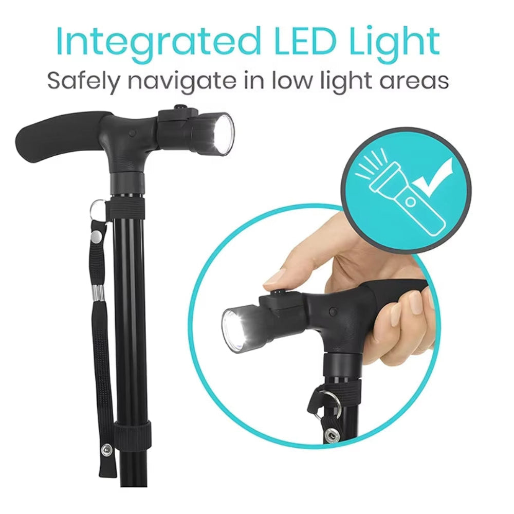 Folding Walking Stick with LED Light Adjustable Lightweight Anti-Slip Adult Walking Cane Old Men Crutch for the Elderly